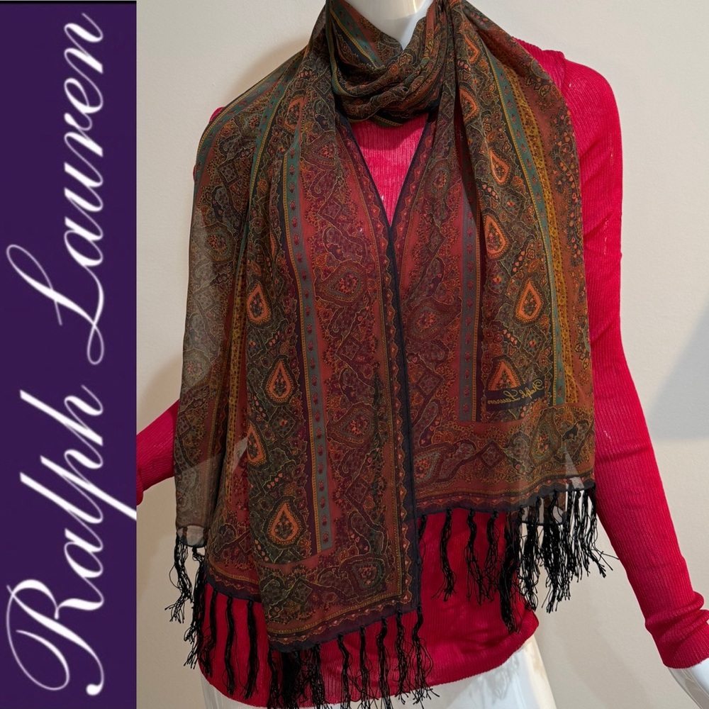 RL Purple Label Silk Multicolor Paisley Scarf Fringe Wrap Shawl Bergdorf Box